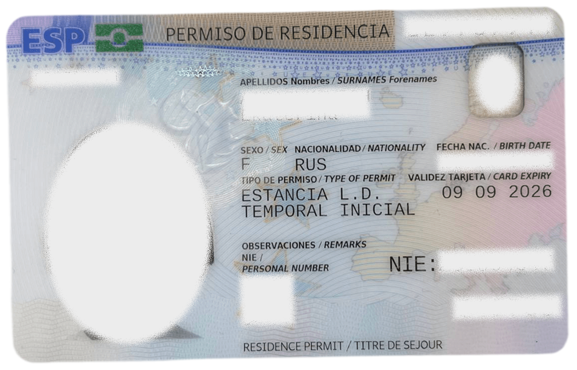 Spanish TIE card (TIE type), estancia por estudios type, personal data hidden